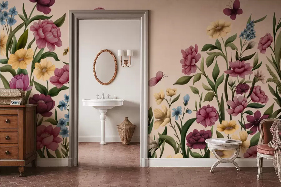 Papier peint Composition florale avec des plantes et des papillons sur fond clair w05072