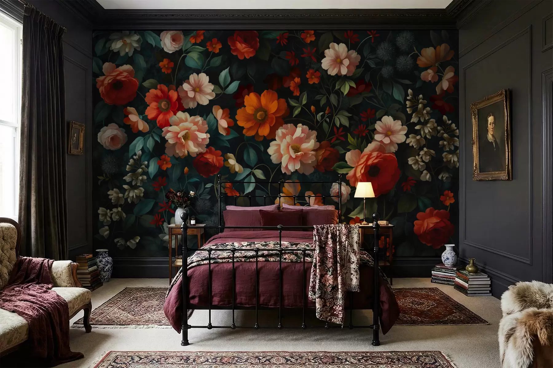 Papier peint Motif floral sombre avec des fleurs luxuriantes de jardin w05087