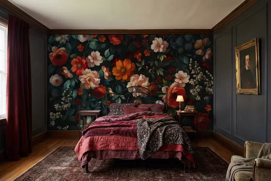 Papier peint Motif floral sombre avec des fleurs luxuriantes de jardin w05087