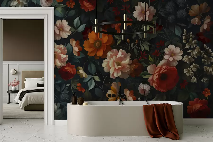 Papier peint Motif floral sombre avec des fleurs luxuriantes de jardin w05087