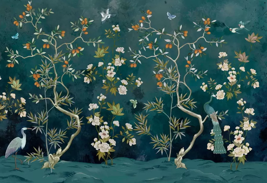 Papier peint Scène décorative avec des arbres, des fleurs et des oiseaux sur fond sombre w05004
