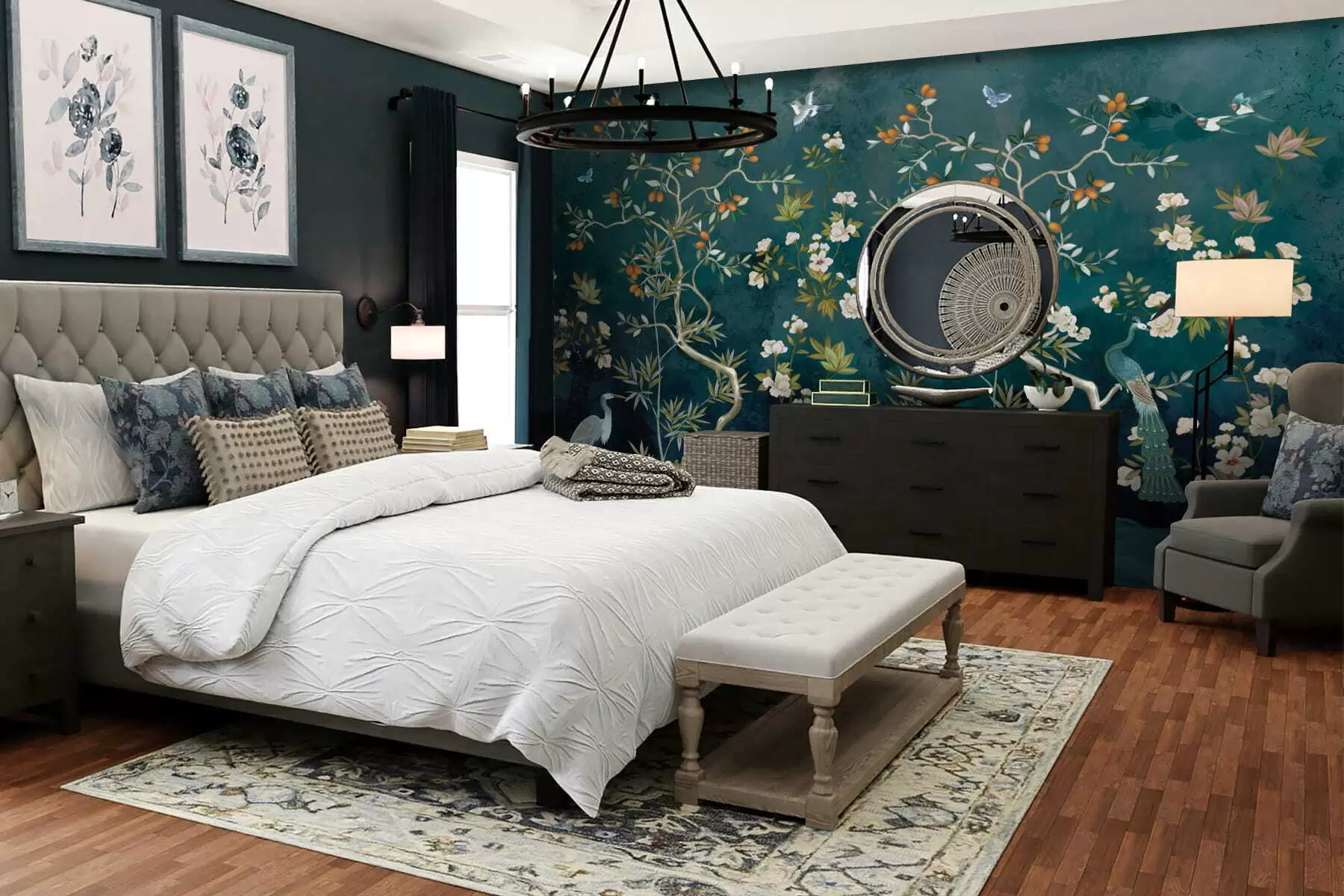 Papier peint Scène décorative avec des arbres, des fleurs et des oiseaux sur fond sombre w05004