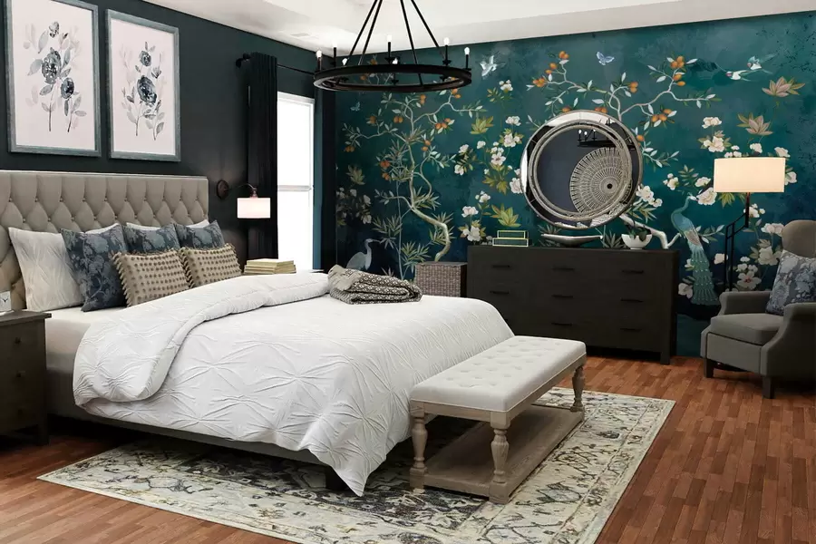 Papier peint Scène décorative avec des arbres, des fleurs et des oiseaux sur fond sombre w05004