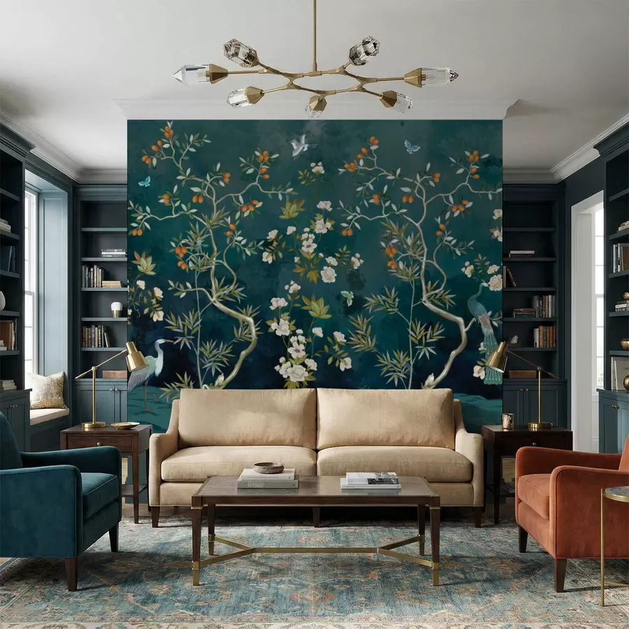 Papier peint Scène décorative avec des arbres, des fleurs et des oiseaux sur fond sombre w05004