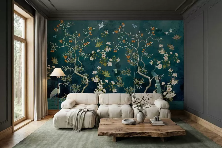 Papier peint Scène décorative avec des arbres, des fleurs et des oiseaux sur fond sombre w05004