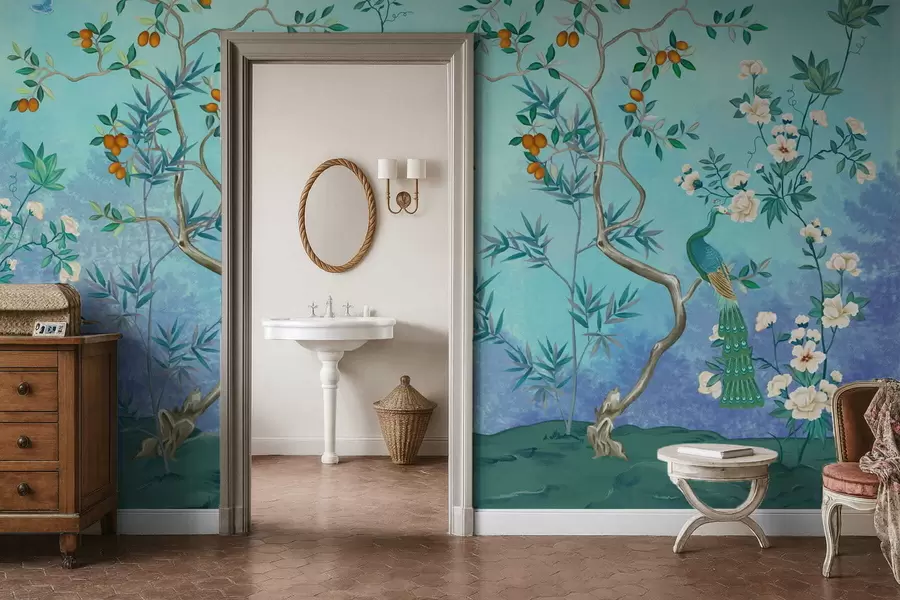 Papier peint Scène avec des arbres, des fleurs et des oiseaux, fond bleu w05004v2