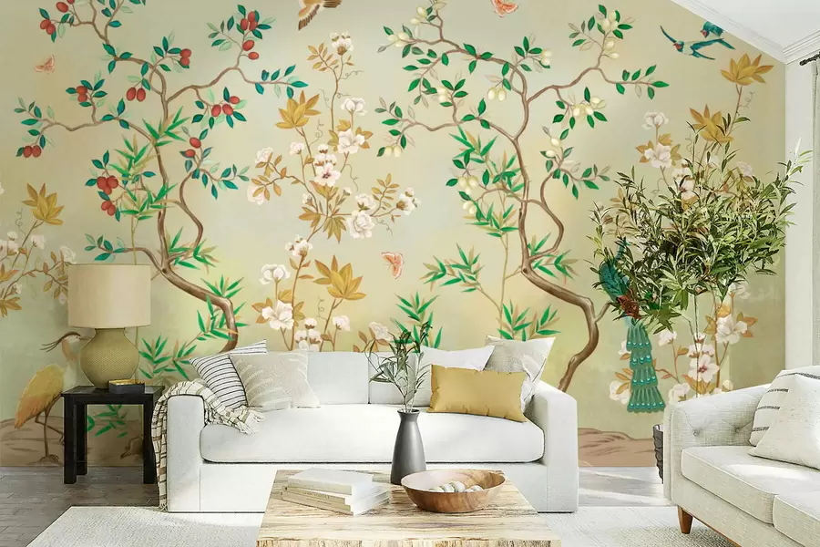 Papier peint Scène avec des arbres, des fleurs et des oiseaux, fond clair w05004v1