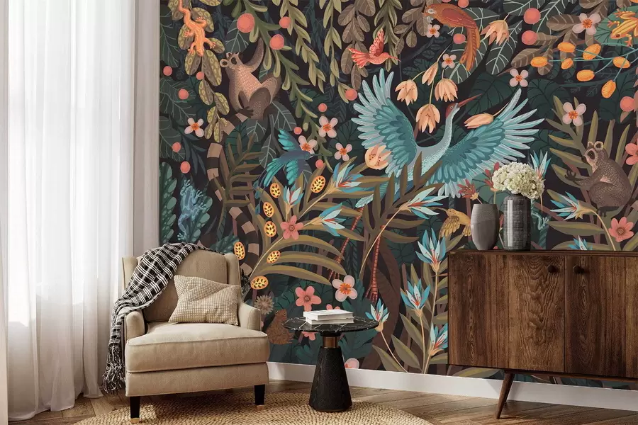 Papier peint Scène fantastique avec des oiseaux et des animaux parmi les plantes w05024