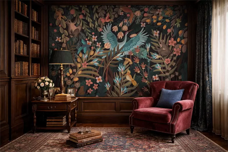 Papier peint Scène fantastique avec des oiseaux et des animaux parmi les plantes w05024