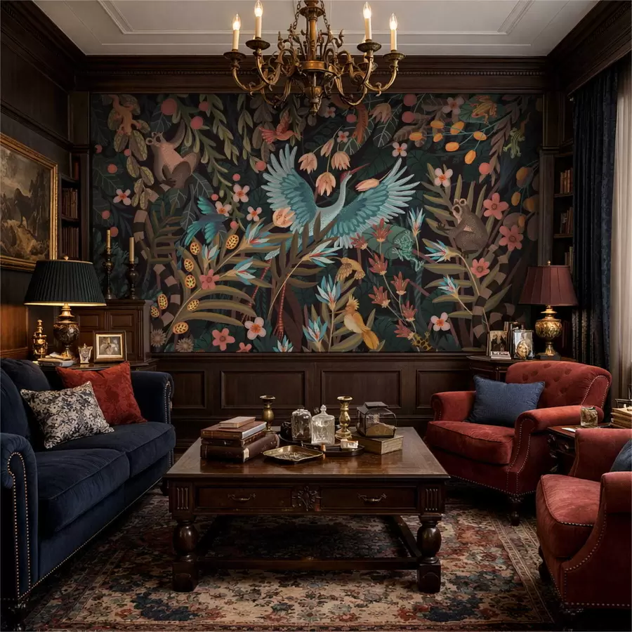 Papier peint Scène fantastique avec des oiseaux et des animaux parmi les plantes w05024