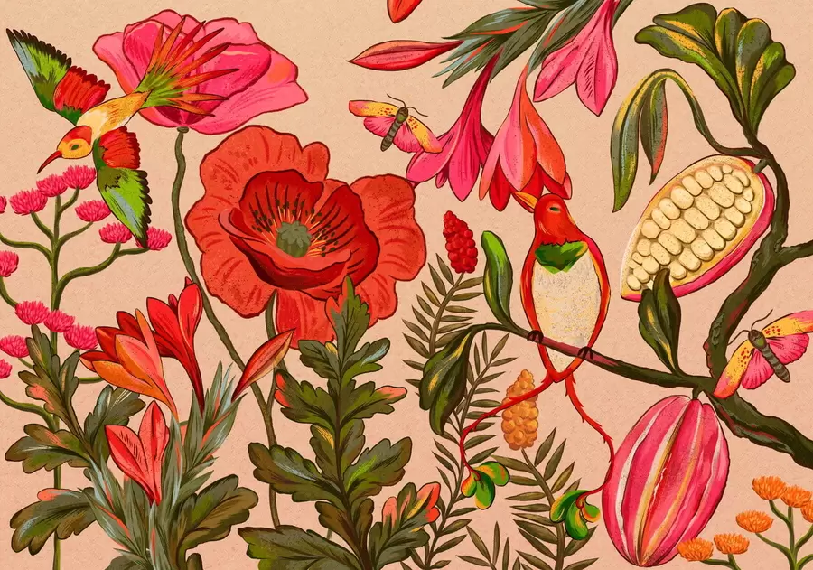 Papier peint Fleurs et oiseaux décoratifs sur fond beige w05036