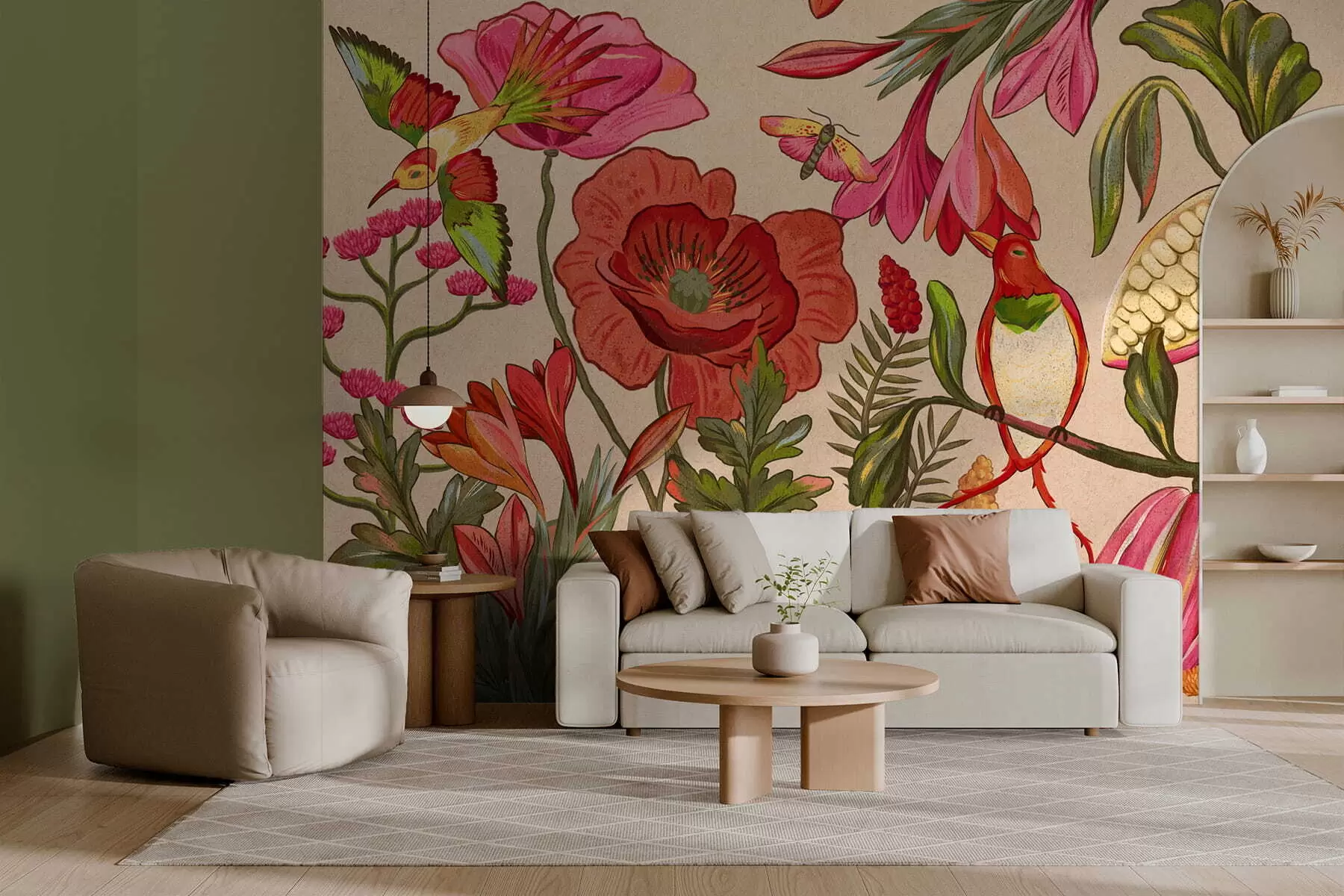 Papier peint Fleurs et oiseaux décoratifs sur fond beige w05036