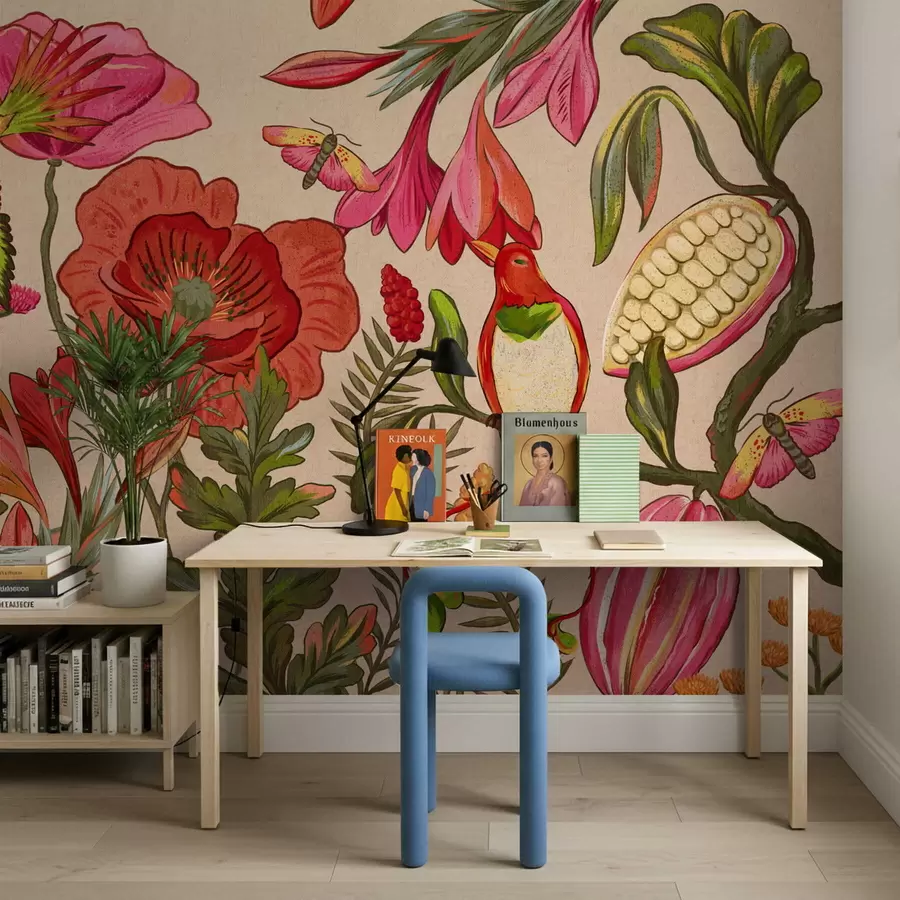 Papier peint Fleurs et oiseaux décoratifs sur fond bleu w05036