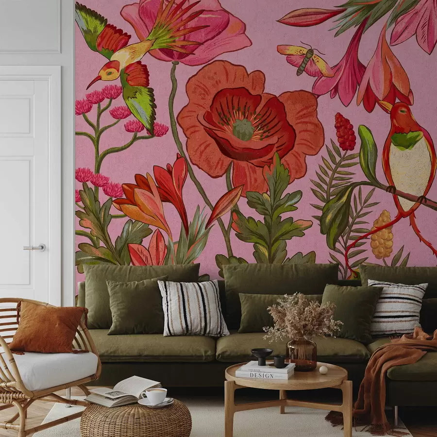 Papier peint Fleurs et oiseaux décoratifs sur fond rose w05036v2