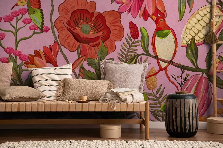 Papier peint Fleurs et oiseaux décoratifs sur fond rose w05036v2