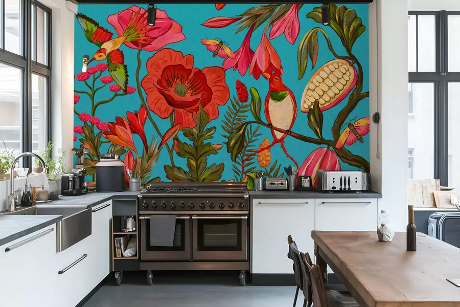 Papier peint Fleurs et oiseaux décoratifs sur fond beige w05036v3