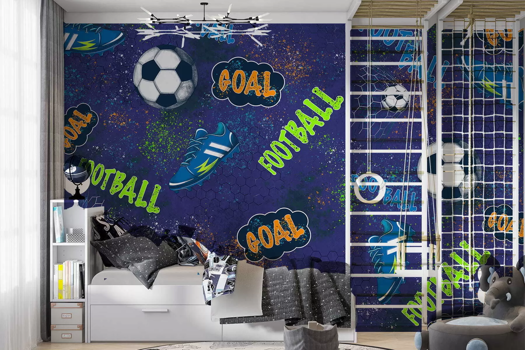 Papier peint Motif football pour enfants dans les tons bleu foncé w05037v3