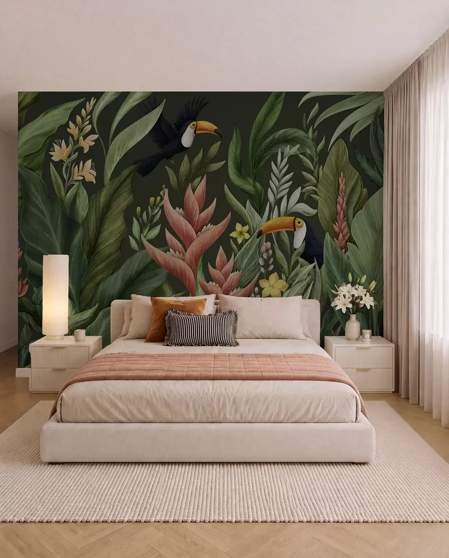 Papier peint Feuillage tropical et oiseaux à long bec sur fond sombre w05088