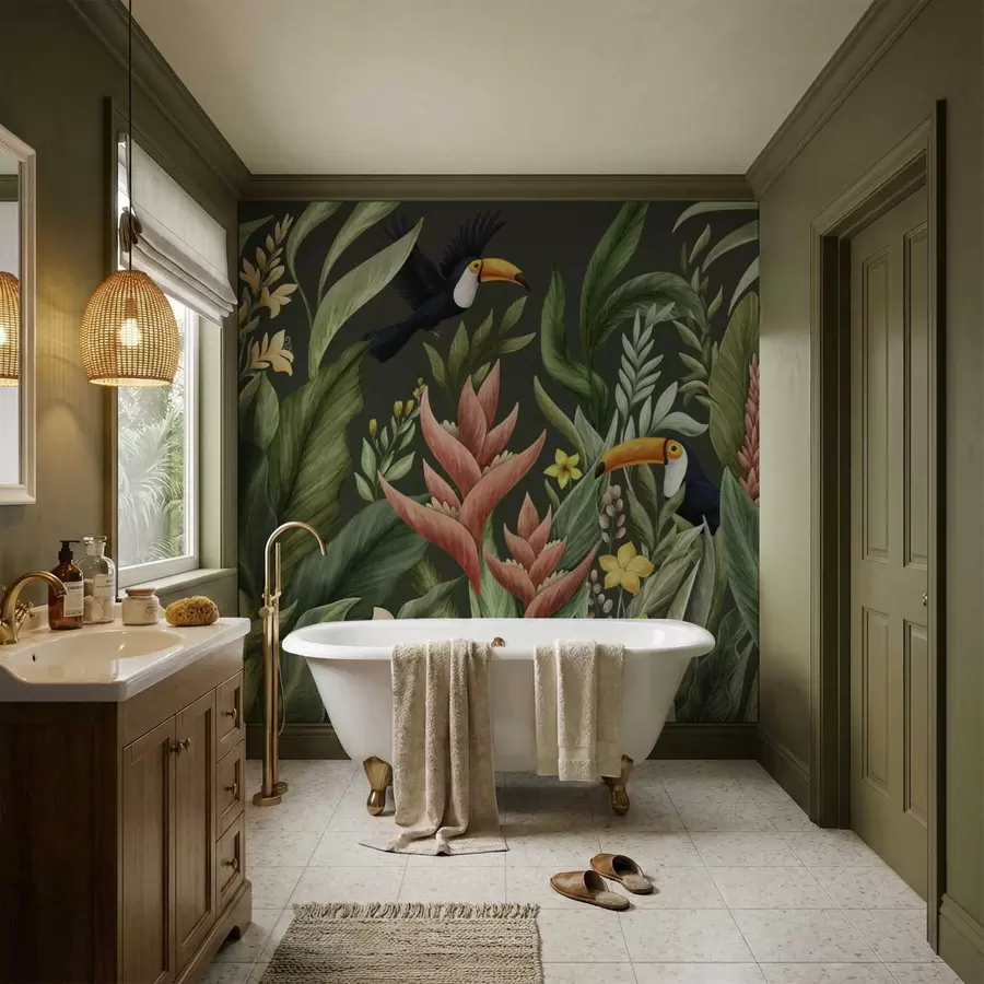 Papier peint Plantes tropicales et oiseaux à long bec sur fond clair w05088