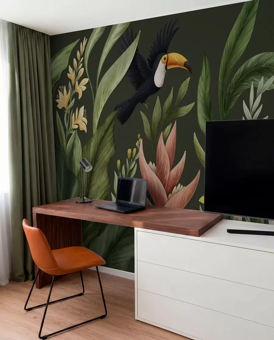 Papier peint Feuillage tropical et oiseaux à long bec sur fond sombre w05088