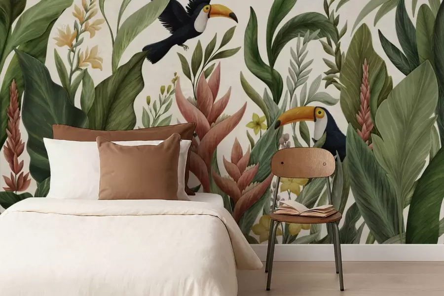 Papier peint Plantes tropicales et oiseaux à long bec sur fond clair w05088v1