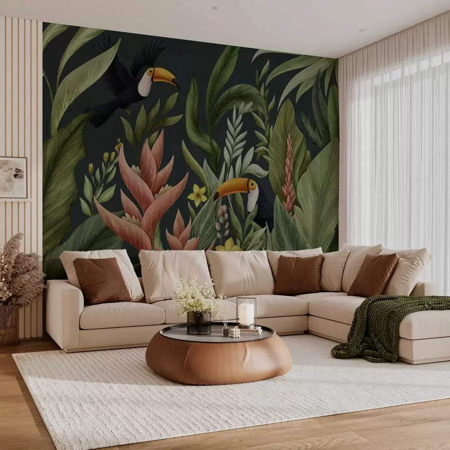 Papier peint Plantes tropicales et oiseaux à long bec sur fond sombre w05088v2