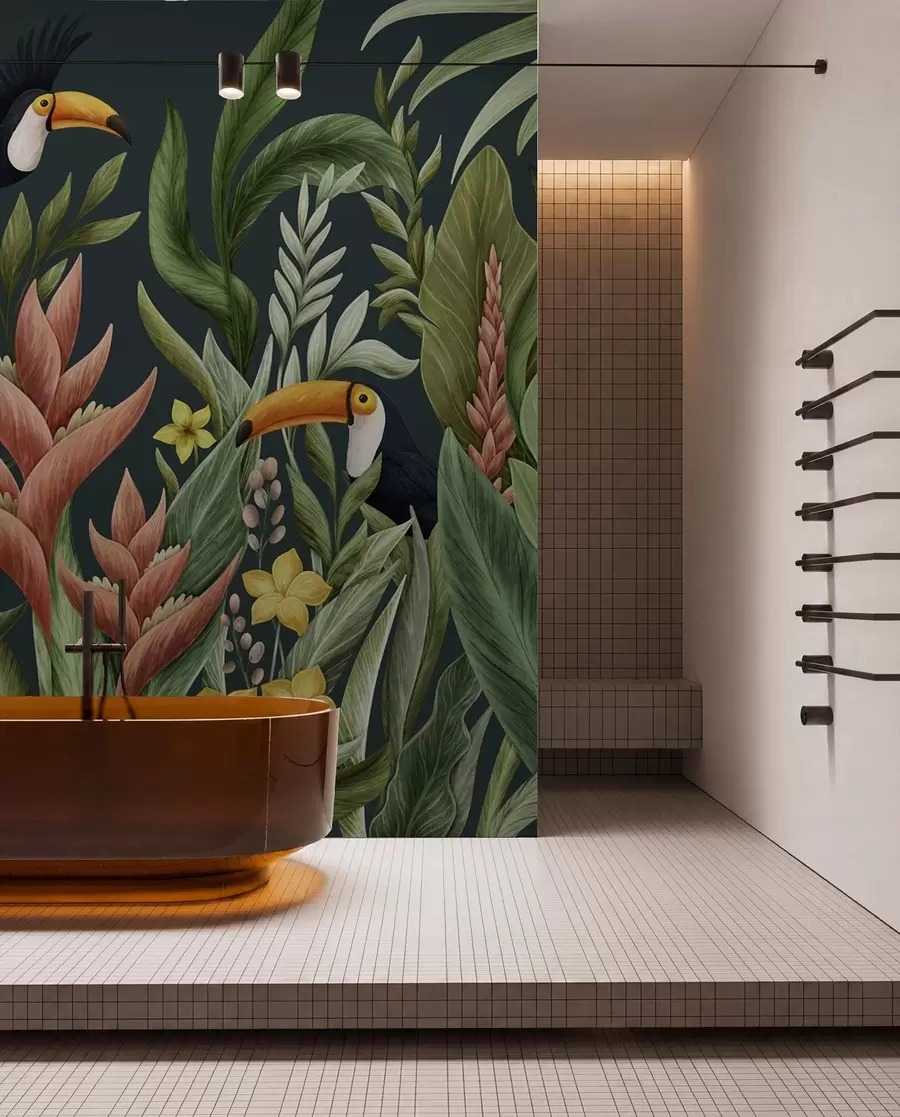 Papier peint Plantes tropicales et oiseaux à long bec sur fond sombre w05088v2