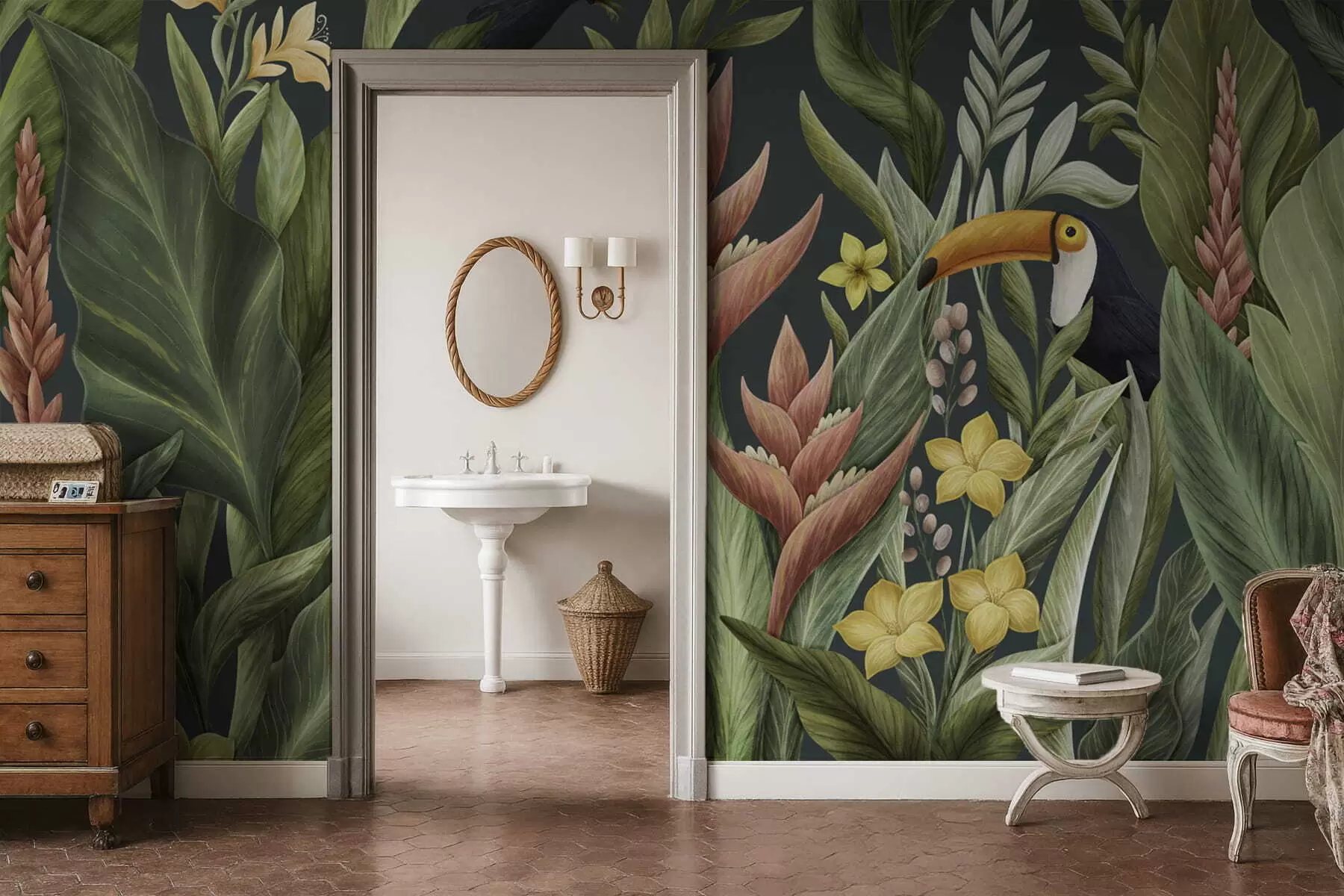 Papier peint Plantes tropicales et oiseaux à long bec sur fond sombre w05088v2