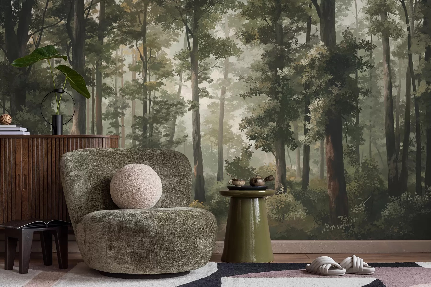 Papier peint Illustration forestière avec brume, grands arbres et sentier w05089