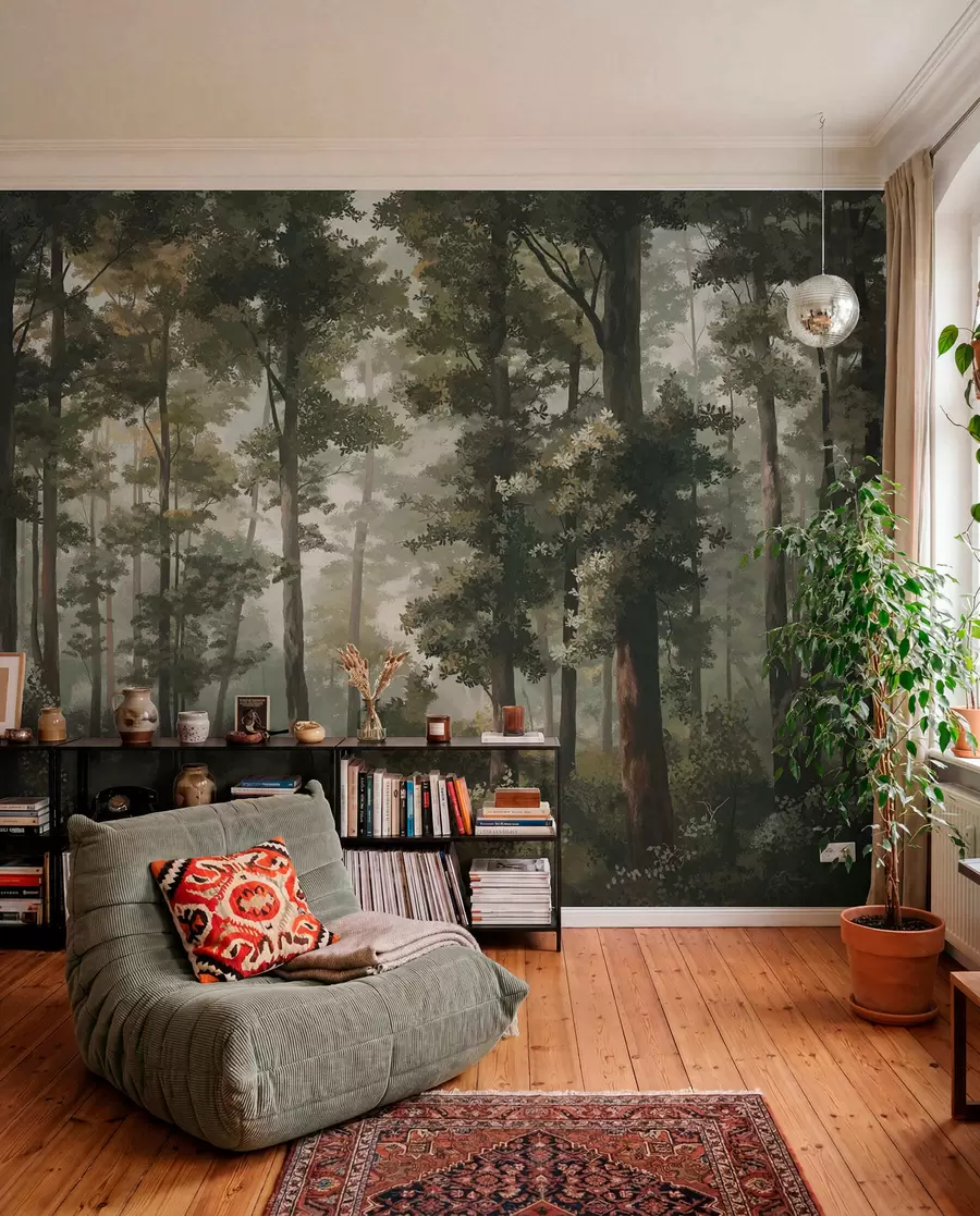 Papier peint Illustration forestière avec brume, grands arbres et sentier w05089