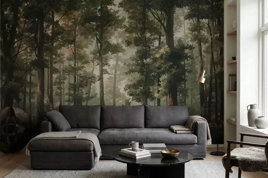 Papier peint Illustration forestière avec brume, grands arbres et sentier w05089