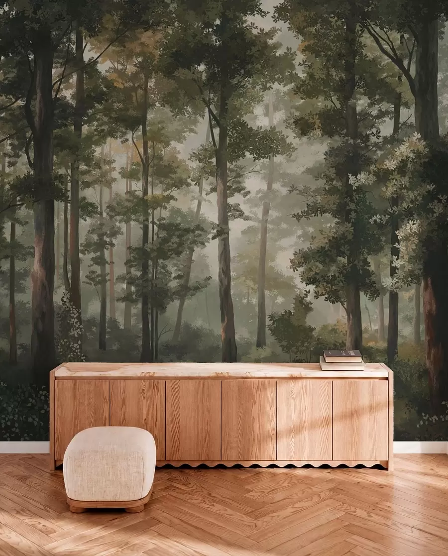 Papier peint Illustration forestière avec brume, grands arbres et sentier w05089