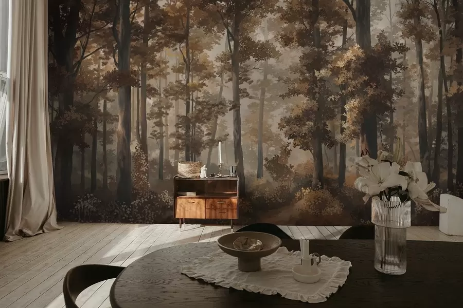 Papier peint Scène automnale dans la forêt avec une lumière chaude et des arbres denses w05089v1