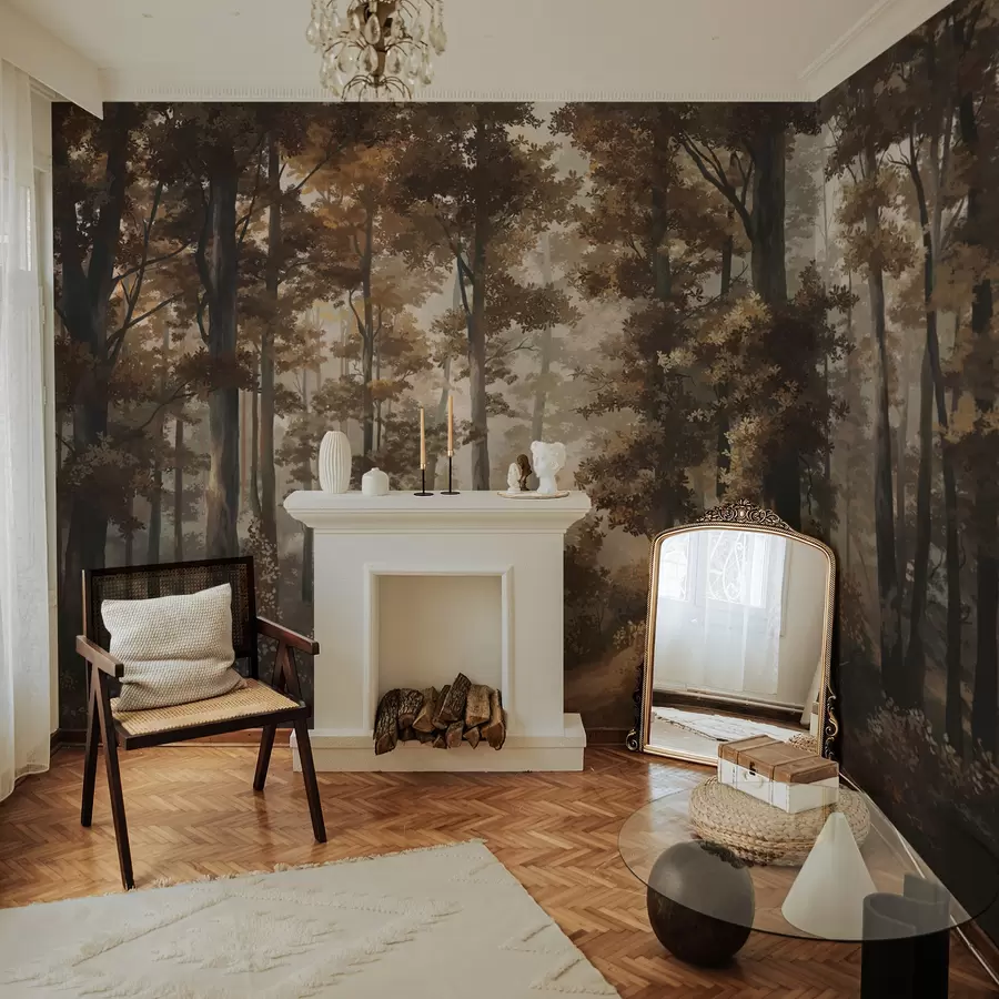 Papier peint Scène automnale dans la forêt avec une lumière chaude et des arbres denses w05089v1