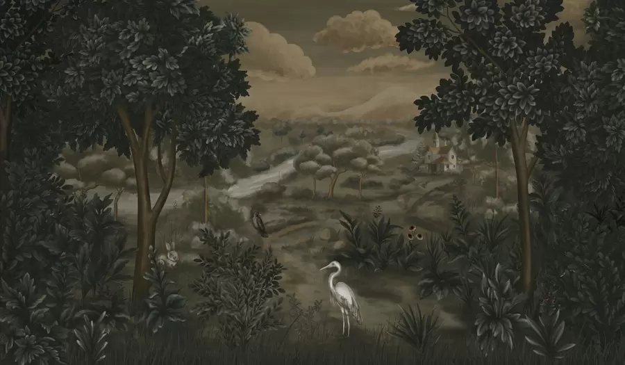 Papier peint Paysage fantastique avec rivière, maison et oiseaux parmi les arbres w05090