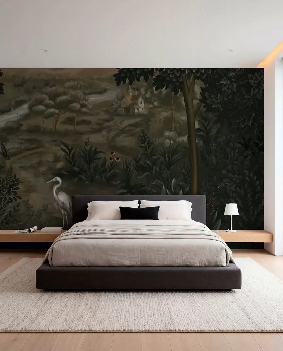 Papier peint Paysage fantastique avec rivière, maison et oiseaux parmi les arbres w05090