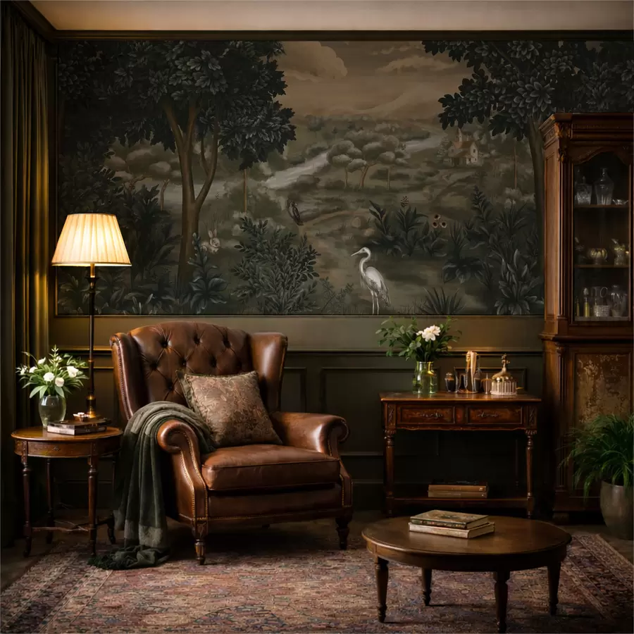 Papier peint Paysage fantastique avec rivière, maison et oiseaux parmi les arbres w05090