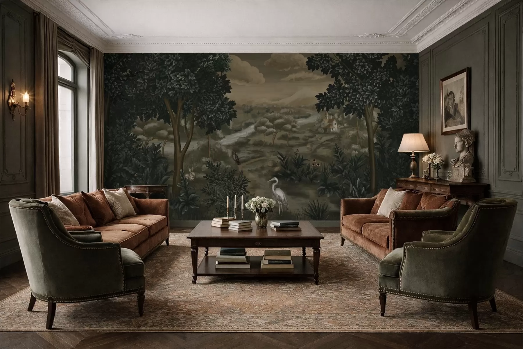 Papier peint Paysage fantastique avec rivière, maison et oiseaux parmi les arbres w05090