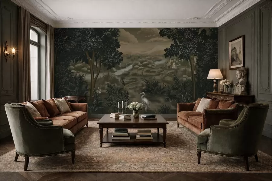 Papier peint Paysage fantastique avec rivière, maison et oiseaux parmi les arbres w05090