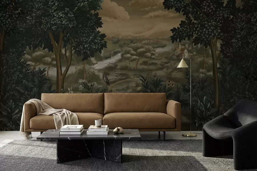 Papier peint Paysage fantastique avec rivière, maison et oiseaux parmi les arbres w05090