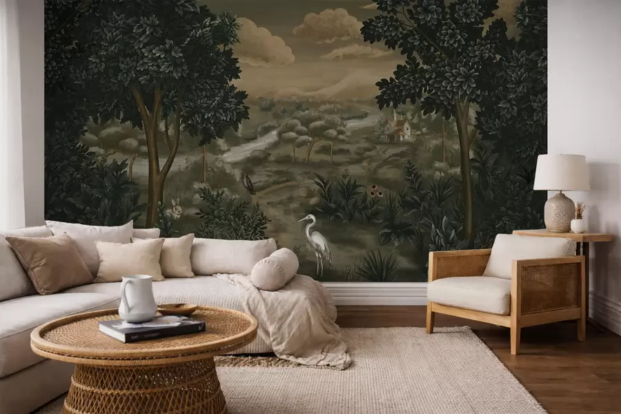 Papier peint Paysage fantastique avec rivière, maison et oiseaux parmi les arbres w05090