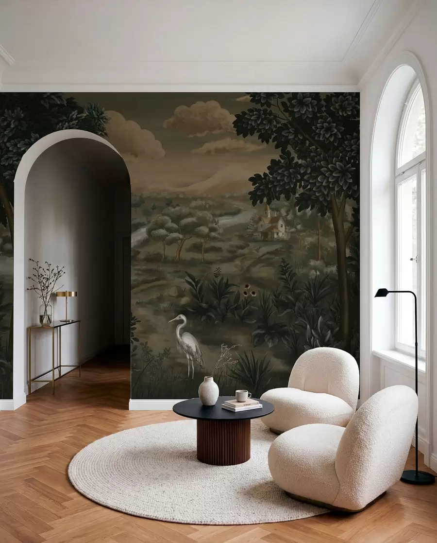 Papier peint Paysage fantastique avec rivière, maison et oiseaux parmi les arbres w05090
