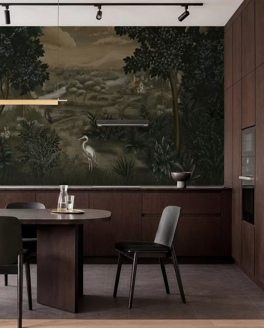 Papier peint Paysage fantastique avec rivière, maison et oiseaux parmi les arbres w05090
