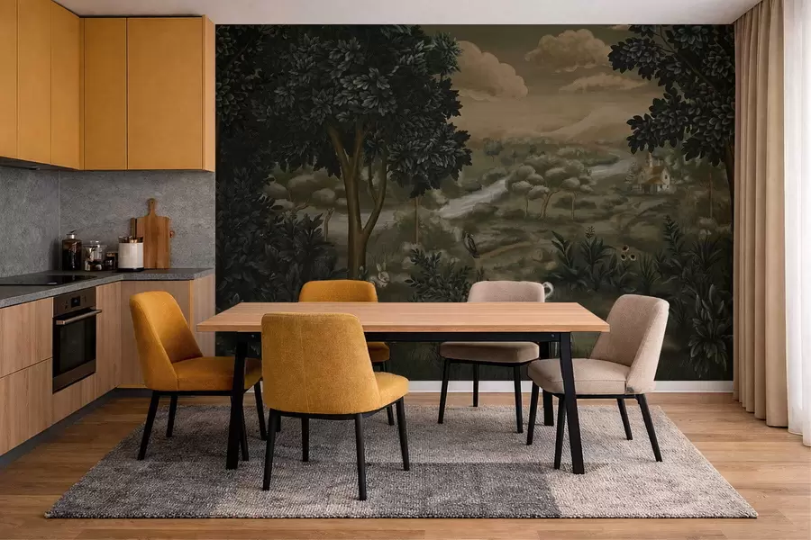 Papier peint Paysage fantastique avec rivière, maison et oiseaux parmi les arbres w05090