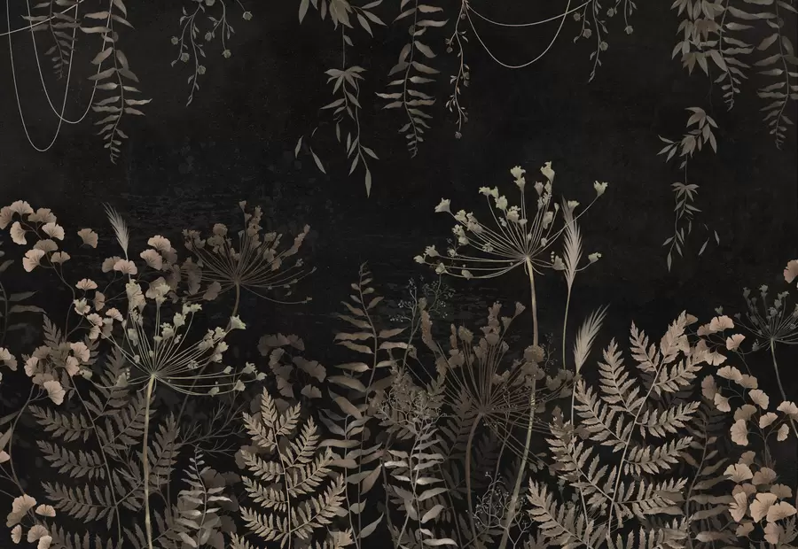Papier peint Motif botanique sombre avec des fleurs et des feuilles w05092