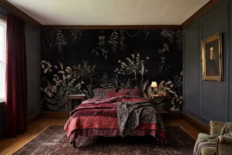 Papier peint Motif botanique sombre avec des fleurs et des feuilles w05092