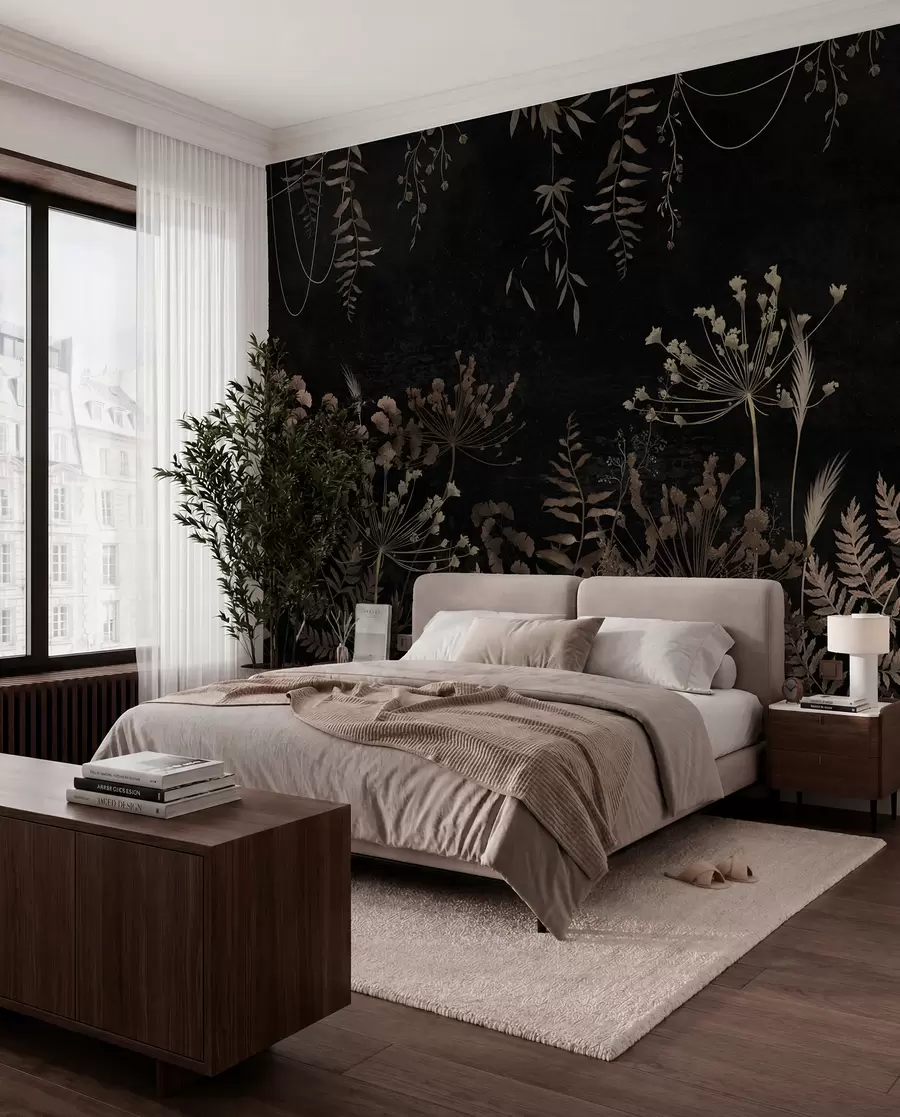 Papier peint Motif botanique sombre avec des fleurs et des feuilles w05092