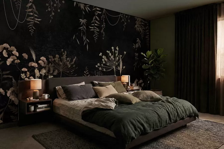 Papier peint Motif botanique sombre avec des fleurs et des feuilles w05092