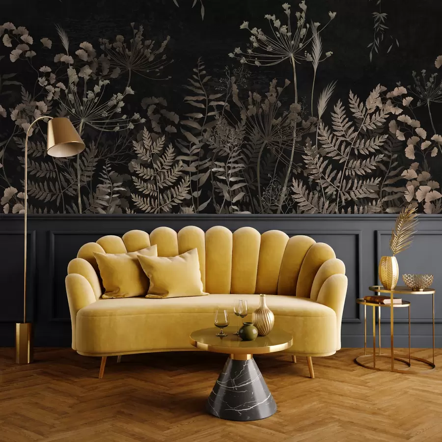 Papier peint Motif botanique sombre avec des fleurs et des feuilles w05092