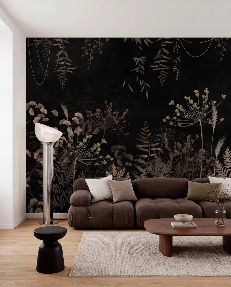Papier peint Motif botanique sombre avec des fleurs et des feuilles w05092